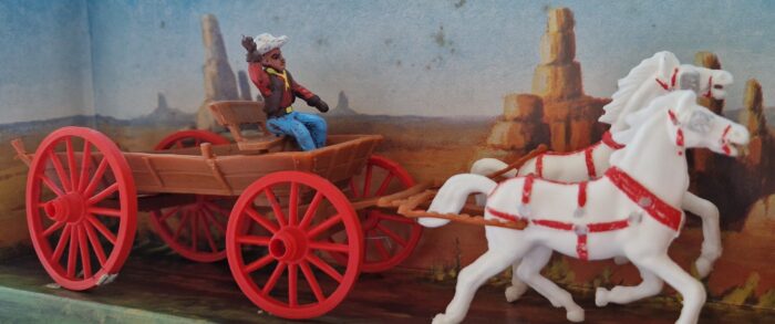 Cowboy diligenza con due cavalli bianchi Soldatini Landi in Cromoplasto