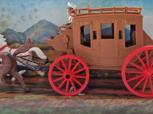Cowboy con diligenza e due cavalli (bianco e marrone) Soldatini Landi
