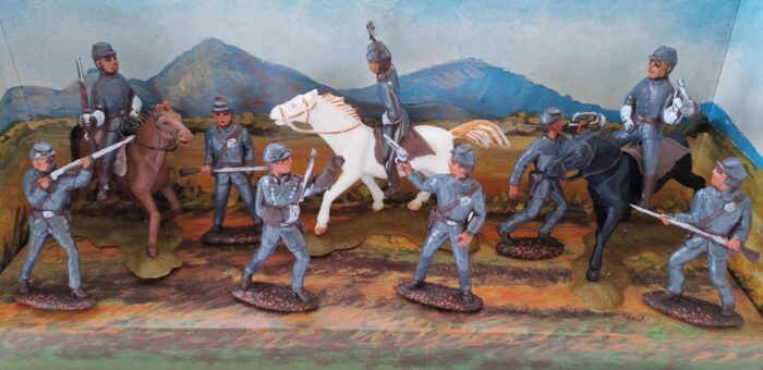 Soldatini Landi Cromoplasto Sudisti Giubbe blu tre cavalli, scatto dall'alto
